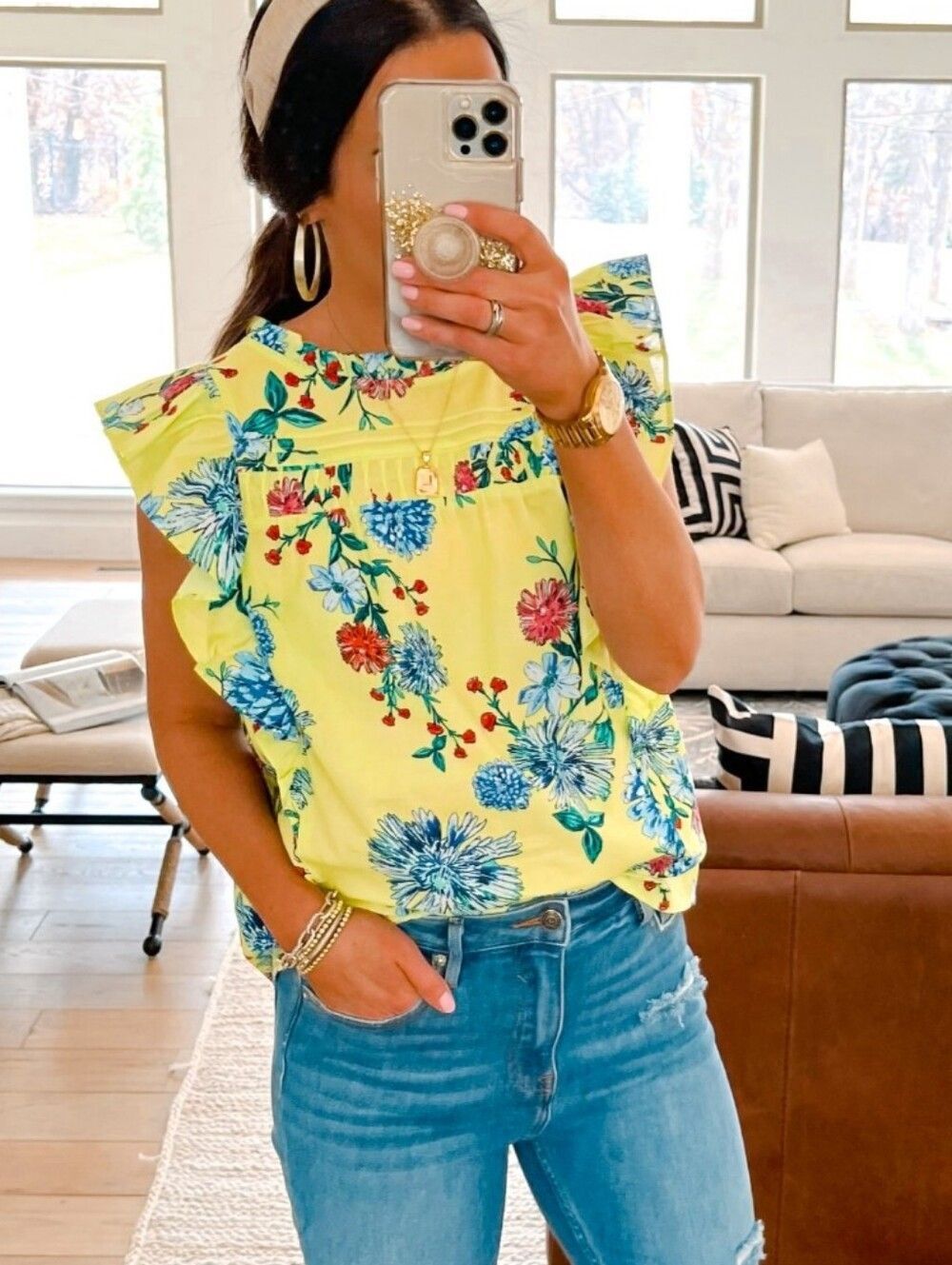 LOFT Yellow 100% Cotton Floral Ruffle Sleeve Blouse L Spring 23